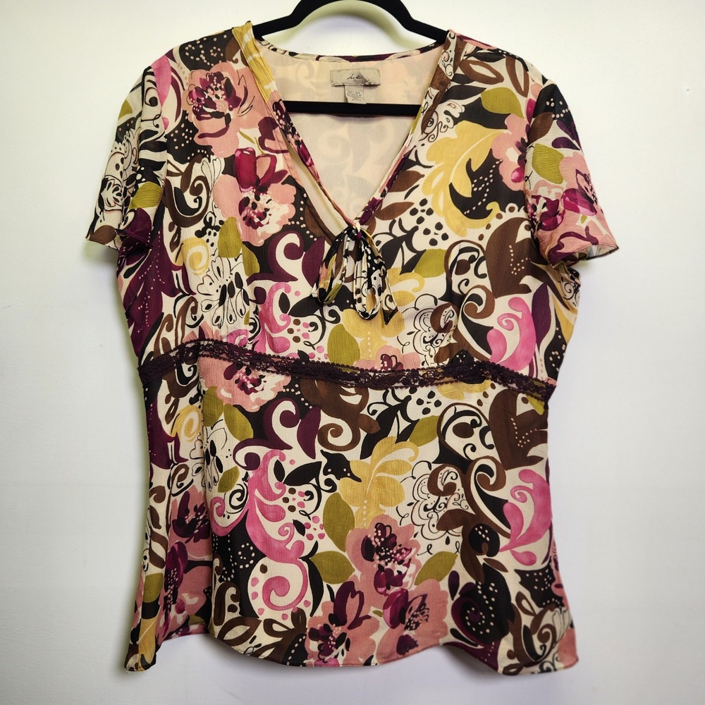i.e. 100% Silk Short Sleeve Blouse VTG XL Empire Waist Side Zip Self Tie V-Neck